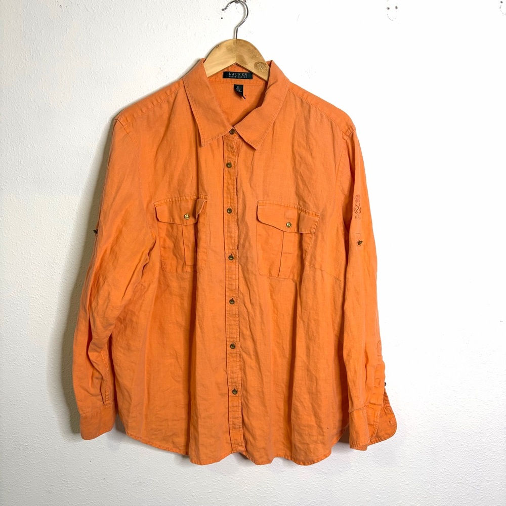 Ralph Lauren 100% linen Orange womens Shirt button front top long sleeve sherbet